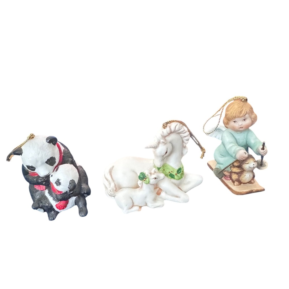 Gorham 1985 1986 Porcelain‎ Christmas Ornaments Angel Panda Unicorn 
3 Vintage